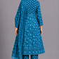 KURAJ Women's Teal Blue Floral Printed Kurta Pant with Dupatta Set