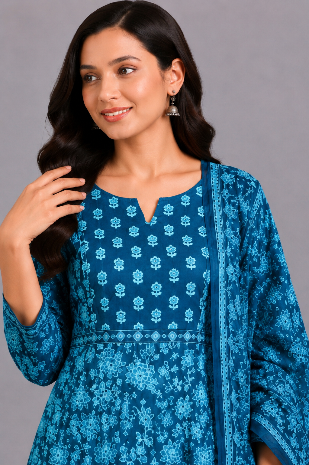 KURAJ Women's Teal Blue Floral Printed Kurta Pant with Dupatta Set