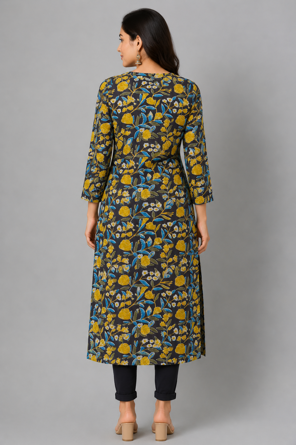 KURAJ Women's Floral Printed Cotton Blend Straight Kurta with 3/4 Sleeves