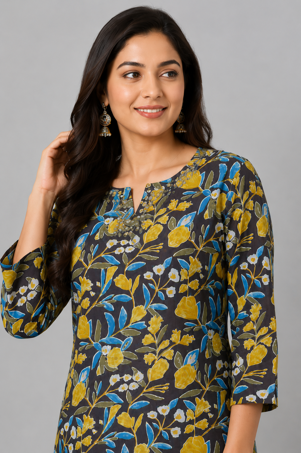 KURAJ Women's Floral Printed Cotton Blend Straight Kurta with 3/4 Sleeves