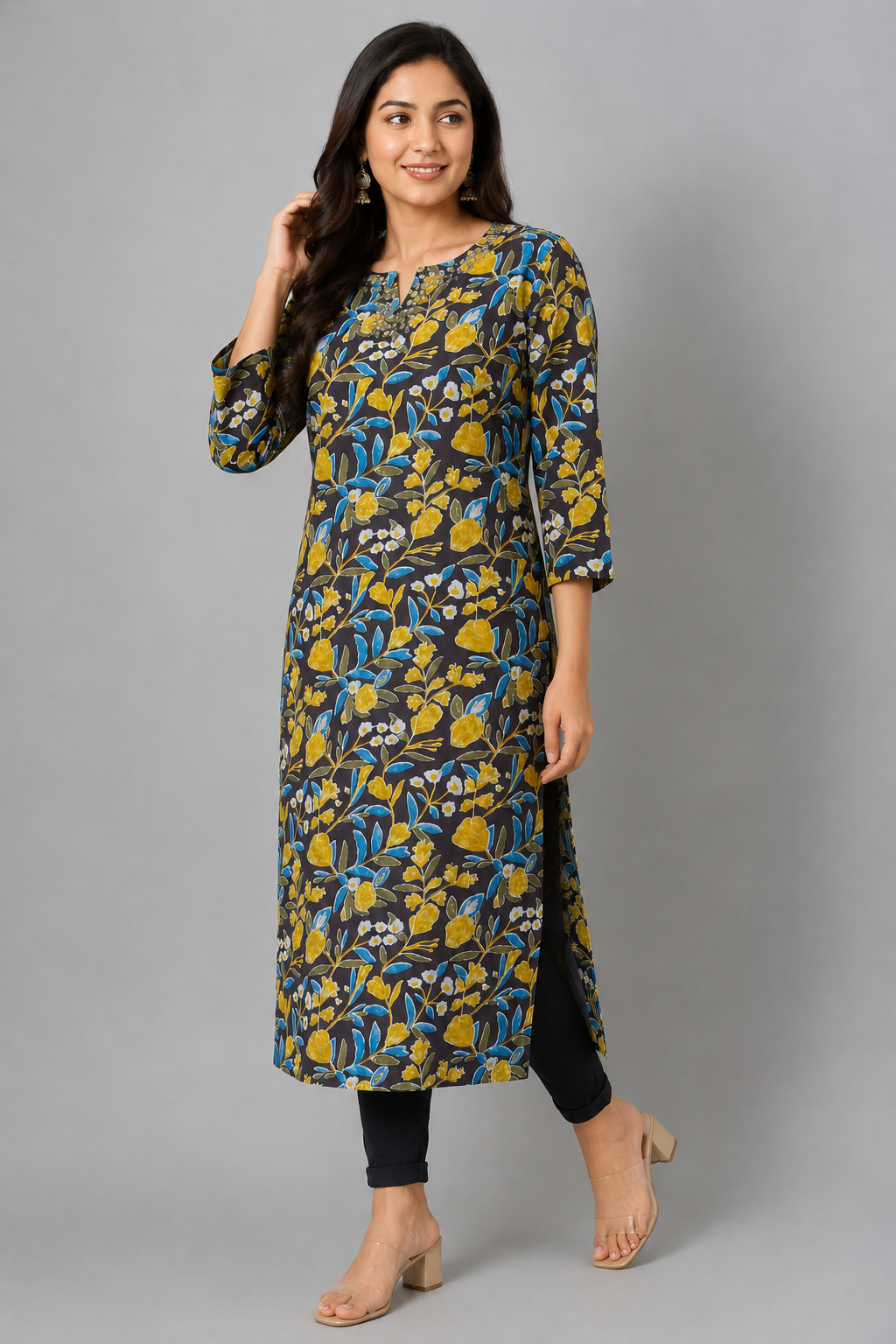 KURAJ Women's Floral Printed Cotton Blend Straight Kurta with 3/4 Sleeves