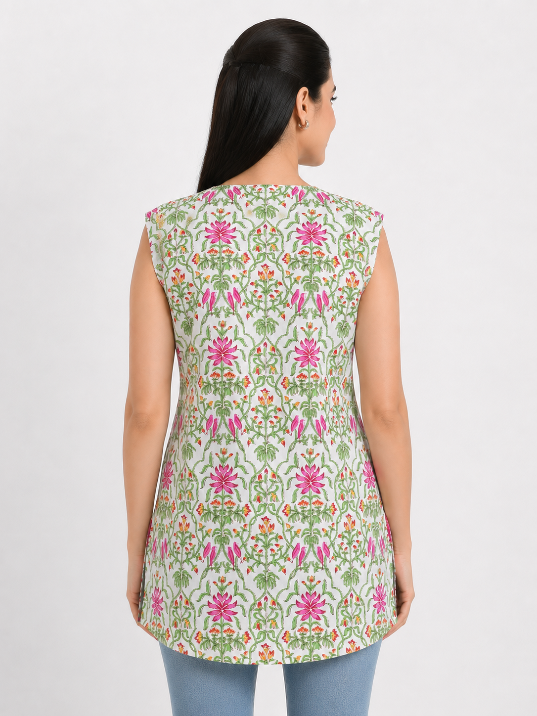 KURAJ Women's White Floral Printed Sleeveless Cotton Tunic Top
