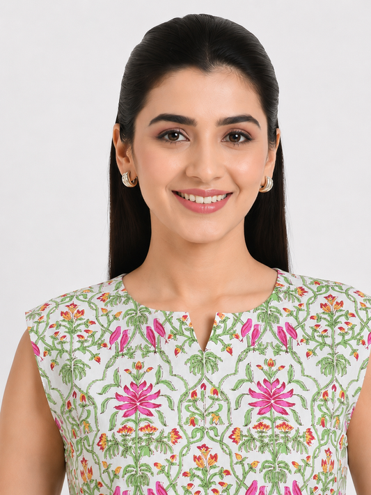 KURAJ Women's White Floral Printed Sleeveless Cotton Tunic Top