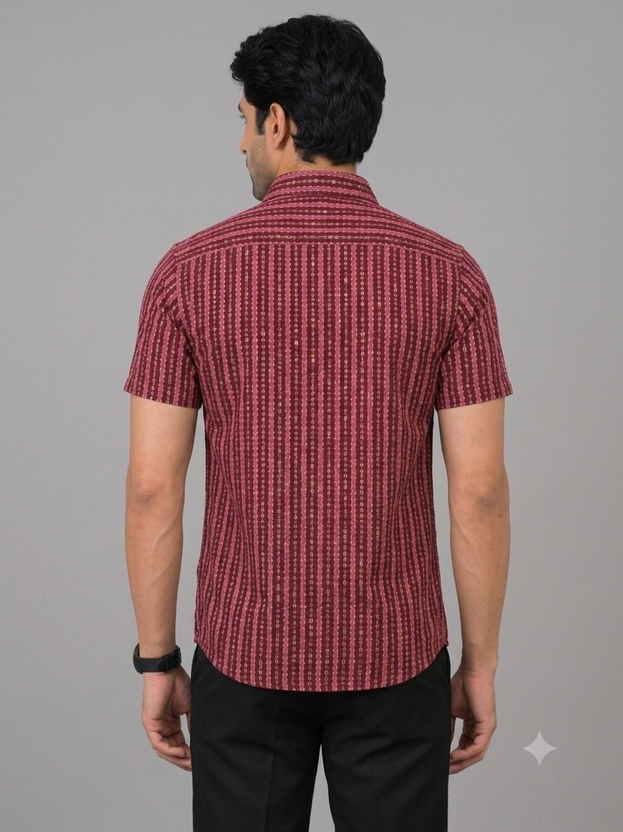 KURAJ Men's Maroon Geometric Striped Regular Fit Half Sleeve Casual Shirt